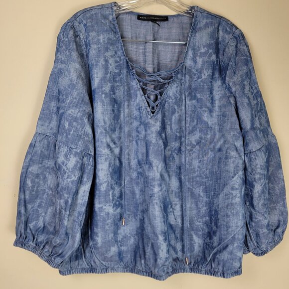 White House Black Market WHBM Chambray Lace Up Peasant Top L - Picture 2 of 8